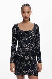 Платье с длинными рукавами, круглым вырезом и мини-юбкой, украшенное растительным принтом, идеально подходит для свадеб и приемов.