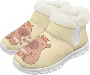 Pzuqiu Детские зимние сапоги с теплым мехом, милый принт для мальчиков и девочек, малышей/детей/старших детей для прогулок на улице, белая подошва