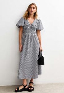 Платье New Look GINGHAM CRINKLED TEXTURE COLLARED PUFF SLEEVE MIDI, Black Pattern/Black