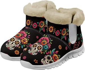 Зимние ботинки chaqlin Skull из флиса с плюшем для женщин, легкие, с противоскользящей подошвой, повседневные, на плоском каблуке, для работы, езды на велосипеде и походов, Boho Skull Head