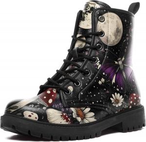 Coolcustomize Женские ботинки с цветочным рисунком и грибами - ботинки в стиле Witchcore Forest Goth с массивным каблуком, из веганской кожи, модные, на шнуровке, черные, ботильоны