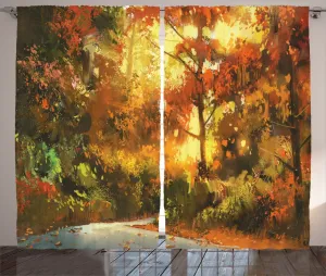 Шторы ABAKUHAUS "Деревенский пейзаж", осенние листья, дерево, лес, универсальные, для гостиной, ленточное полотно с петлями и крючками, 280 x 245 см, цвет: оранжево-желтый Abakuhaus