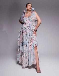 Платье макси ASOS LUXE Curve с оборками-водопадами и завязками из кружева с цветочным принтом