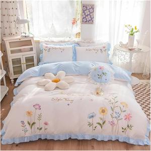 YUSIWOAL Комплект постельного белья белый пасторальный цветочный с вышивкой и рюшами Light Blue