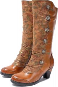 Сапоги до колена в викторианском стиле CrazycatZ, коричневая кожа с цветочным узором, декоративная пуговица, средний каблук