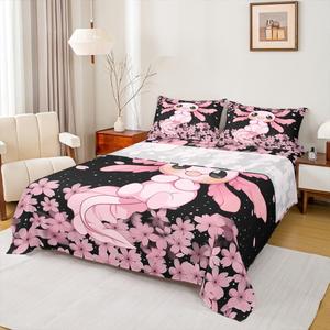 Erosebridal Комплект постельного белья Cute Axolotl с морскими животными в черно-розовых тонах с цветами сакуры, Pink and Black