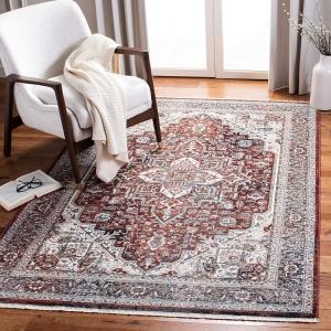 Ковер SAFAVIEH, 201 x 201 см, Herat Collection, красный и ivory, дизайн Oriental Medallion Distressed, без линьки и простой в уходе, идеален для помещений с высокой проходимостью в гостиной, спальне (HRT321Q)
