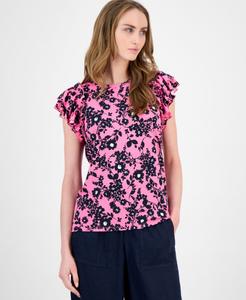 Женская блузка с цветочным принтом и оборками, с короткими рукавами Tommy Hilfiger, Dahlia/ Sky Captain