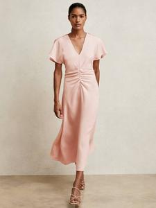 Платье-миди фасона трапеция с драпировкой на лифе для офиса Reiss, Pale Pink