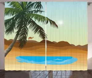 Штора ABAKUHAUS Oasis Rustic, Дерево и верблюд вдали, универсальная ленточная штора для гостиной с петлями и крючками, 280 x 225 см, пастельно-зеленый многоцветный Abakuhaus