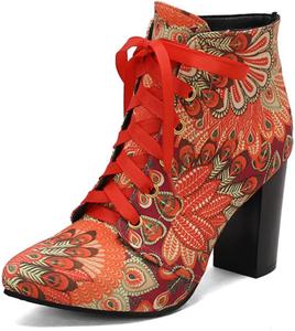 Женские модные ботильоны Aflngle с цветочным узором, шнуровкой, заостренным носком, средней массивной подошвой, в стиле панк и мотоциклетные короткие ботинки, Orange