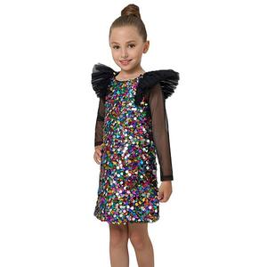 Детское платье для вечеринки с разноцветными пайетками, черными тюлевыми оборками на плечах и прозрачными длинными рукавами 2Bunnies
