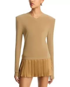 Топ с длинными рукавами и подплечниками, V-образным вырезом Norma Kamali, бежевый