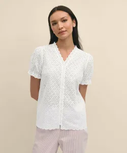 Хлопковая блузка с коротким рукавом и перфорацией Brooks Brothers, цвет White