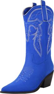 Женские ковбойские сапоги Reitoye с вышивкой, вестерн, до колена, с массивным каблуком и утяжками, Royal Blue - Calf High