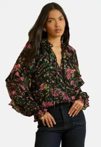 Блузка прямого кроя с вырезом на шее и оборками на манжетах Love & Roses, Black Floral