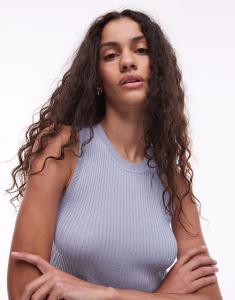 Mango - Майка из льняной смеси в мелкий рубчик пастельно-голубого цвета