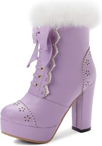 Женская мода Толстые каблуки Платформа Теплые меховые ботильоны на молнии Сладкий бантик Лолита Короткие ботинки LYYSKY, Purple