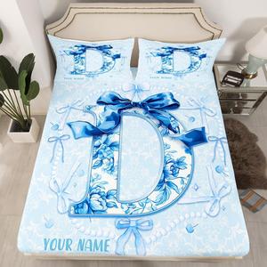 Erosebridal Персонализированный комплект постельного белья с синим цветочным бантом и монограммой, Blue D