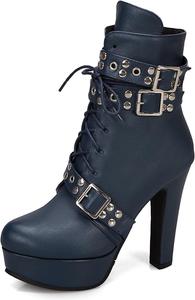 Женские готические ботильоны KiutSymo с заклепками, ремешками с пряжками, массивными высокими каблуками, платформой, на шнуровке, панк-стиль, боевые ботинки, A-Dark Blue