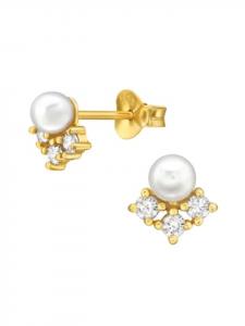 Alexander York Серьги-гвоздики с жемчугом на белых циркониях в золотой оправе, изготовленные из серебра 925 пробы, комплект из 2 штук