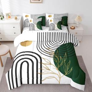 Erosebridal Современный комплект постельного белья в стиле бохо с абстрактным тропическим принтом из листьев, Green Black