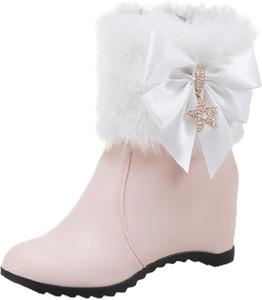 Женские зимние теплые скрытые сапожки на танкетке, кожаные, с милым бантиком, стразами, пушистым мехом внутри, с утолщением и боковой молнией, ботильоны DEVILEYEZE, Pink