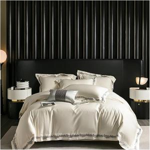 YUSIWOAL Комплект постельного белья из хлопкового жаккарда с вышивкой и пэчворком в золотых и черных тонах White