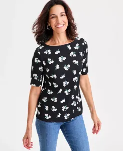 Женский трикотажный топ с принтом, вырезом-лодочкой и рукавами до локтя Style & Co, черный