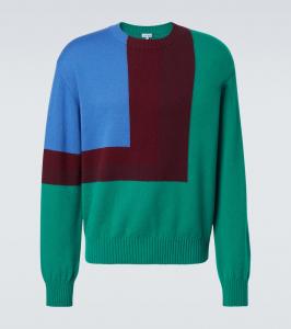 Свитер из шерсти Albers с цветными блоками и интарсией Loewe, Green/Red/Multicolor
