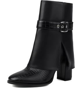 UP2STEP Элегантные черные кожаные ботильоны с тиснением, закругленным носком и каблуком-блоком, стильная пряжка для женщин