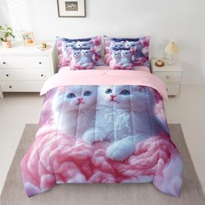 Erosebridal Комплект постельного белья Plain Whitee Cat с милым принтом котят, розовый с блестками, 3D животные, White Pink