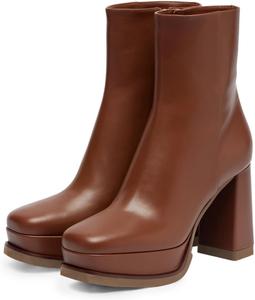 Женские ботильоны FOWT с квадратным носком на высокой платформе, молния сбоку, массивный каблук, стильные для вечеринки, шопинга и повседневной носки, размеры 4-16 US, Brown