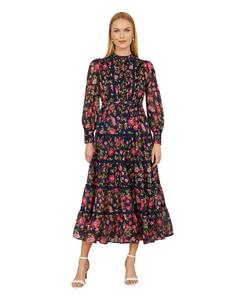 Длинное платье с цветочным принтом и кружевной отделкой Yumi, Navy