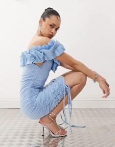 Мини-платье Amy Lynn с 3D-образным вырезом и сборками синего цвета