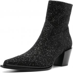 Женские ботильоны Maiyang с квадратным носком, блестками и боковой молнией, на среднем толстом каблуке, уютные, теплые, короткие, размер 4-16 США, Black