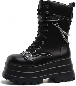 Женские кожаные готические ботильоны на платформе с массивным каблуком, боковой молнией, модными заклепками и ремешком с пряжкой, удобным круглым носком, подошвой с протектором, шнуровкой, боевые ботинки в стиле Y2K, панк, мотоботинки NHBEOEN, Black