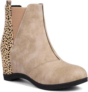 JOEUSTY Женские повседневные ботильоны с круглым носком на танкетке, модные, с леопардовым принтом, на высоком скрытом каблуке, осенние короткие ботинки