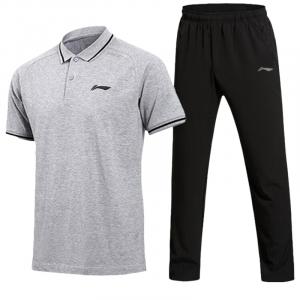 Li Ning Casual Sportswear Мужская Поло с Воротником Moderate Li-Ning, clothing set (heather серый short-sleeved shirt+черный pants)