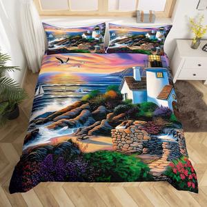 Erosebridal Морской комплект постельного белья с маяком и парусниками в прибрежном стиле для детей и подростков, Purple Orange Blue