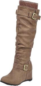 Женские зимние ботинки ZDLJYL на танкетке с внутренней вставкой для увеличения роста, модные ботфорты с пряжкой и боковой молнией, Brown