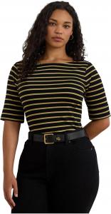 Женская футболка больших размеров в металлическую полоску с вырезом-лодочкой Lauren Ralph Lauren, Black/Gold Metallic
