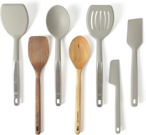 Calphalon Prime набор из 7 кухонных инструментов и гаджетов из силикона и тикового дерева, цвет серо-коричневый
