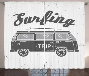 Шторы ABAKUHAUS RV в деревенском стиле, винтажный фургон с цитатой о серфинге, универсальные ленточные шторы для гостиной с петлями и крючками, 280 x 225 см, кокосовый и серый Abakuhaus