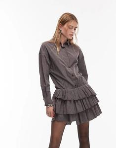 Мини-платье-рубашка ASOS DESIGN с заниженной талией и плиссированной юбкой в ​​коричнево-синюю полоску