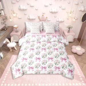 Erosebridal Комплект постельного белья Kawaii Bowknot с цветочным принтом и бантами в розовых тонах, Flower Pink