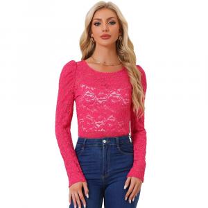 Женская винтажная полупрозрачная блузка с длинными рукавами и вышивкой, кружевной топ ALLEGRA K, цвет Hot Pink