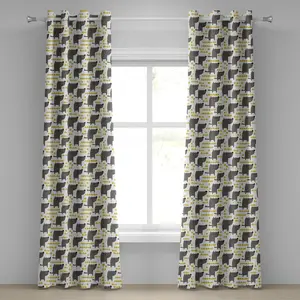 Штора для окна ABAKUHAUS "Собака" с люверсами, в стиле эскиза, с абстрактными желтыми точками, с серыми мультяшными питомцами, декоративная, двухпанельная, 280 см x 245 см, серая, бархатцы, белая