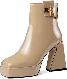 Женские ультрамодные ботильоны TinaCus с квадратным носком, на высоком массивном каблуке платформы, из лакированной кожи, ручная работа, молния с цепочкой, Khaki