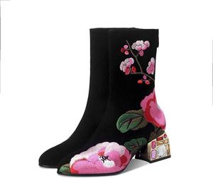 U5GAAALPPQ9 Этнические короткие ботильоны с цветочной вышивкой для женщин, кожаные ботинки на молнии с кристаллами, на высоком каблуке, вышитая обувь (Цвет: черный, Размер: 6) (Черный 5,5)